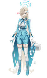  12xiaopumpit29 1girl absurdly_long_hair absurdres ace_(playing_card) ace_of_clubs ace_of_diamonds alternate_costume aqua_boots aqua_bow aqua_bowtie aqua_coat aqua_eyes aqua_shorts aqua_vest asuna_(blue_archive) bell_sleeves blonde_hair blue_archive blue_gem blue_halo blush boots bow bowtie breasts cane card club_(shape) coat coattails collared_shirt commentary diamond_(shape) dot_nose frilled_shirt frilled_shirt_collar frills full_body garter_straps gem gloves grin hair_over_one_eye hair_over_shoulder halo hat hat_bow heart high_heel_boots high_heels highres holding holding_cane holding_unworn_clothes holding_unworn_hat impossible_clothes impossible_shirt jacket knee_boots lace-up_boots lapels large_breasts long_hair long_sleeves looking_at_viewer magician open_clothes open_coat pale_skin playing_card playing_card_hair_ornament shirt short_shorts shorts simple_background skindentation smile solo standing tailcoat thigh-highs top_hat unworn_hat unworn_headwear very_long_hair vest white_background white_garter_straps white_gloves white_hat white_shirt white_thighhighs wide_hips 