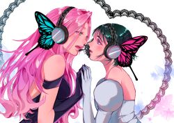  2girls absurdres alien_stage bibi_mei54510 black_dress black_gloves black_hair blue_wings bob_cut butterfly_wings commentary dress elbow_gloves english_commentary eye_contact gloves heart heart_in_eye highres insect_wings long_hair looking_at_another magnet_(vocaloid) mizi_(alien_stage) multiple_girls pink_hair pink_wings short_hair signature sua_(alien_stage) symbol_in_eye violet_eyes white_dress white_gloves wings yellow_eyes yuri 