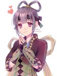  1girl armor breasts closed_mouth fingerless_gloves gensou_suikoden gensou_suikoden_v gloves hair_rings headband looking_at_viewer miakis_(gensou_suikoden) purple_hair sakai_(motomei) short_hair simple_background smile solo violet_eyes white_background 