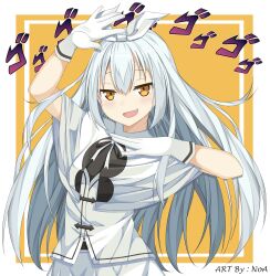  absurdres arms_up black_ribbon capelet dress gloves hair_ornament hair_ribbon headband highres indie_virtual_youtuber jojo_pose loebad434 long_hair open_mouth ribbon skirt virtual_youtuber white_capelet white_dress white_gloves white_hair white_headband white_ribbon white_skirt yellow_eyes 