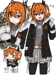  0_onibi 1girl :3 :d a.i._voice adachi_rei arm_at_side arrow_print black_jacket black_pantyhose cropped_legs crossed_bangs dot_nose fumo_(doll) gloves grey_shirt grey_skirt hair_between_eyes hair_ribbon hand_up head_tilt headlamp highres hood hood_down hooded_jacket hugging_object jacket long_sleeves looking_at_viewer medium_hair miniskirt multiple_views one_side_up open_clothes open_jacket open_mouth orange_eyes orange_hair pantyhose pleated_skirt radio_antenna ribbon shirt simple_background skirt smile straight-on turtleneck turtleneck_shirt utau v white_background white_gloves white_ribbon 