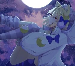 1girl 3228sfg antenna_hair arcueid_brunestud blonde_hair blue_bow blue_skirt bow breasts commentary_request crescent crescent_hair_ornament crescent_pin crop_top fate/grand_order fate_(series) fingerless_gloves floating_clothes floating_hair full_moon gloves hair_bow hair_ornament headphones headset hood hoodie hugging_own_legs knees_up leg_warmers legs_up light_smile looking_at_viewer midair miniskirt moon open_clothes open_hoodie phantas-moon phantas-moon_(second_ascension) pink_hoodie plaid_clothes plaid_skirt purple_leg_warmers purple_thighhighs red_eyes shade shirt short_hair single_hair_intake skirt sky smile solo space star_(sky) starry_sky striped_clothes striped_gloves striped_leg_warmers striped_thighhighs thigh-highs white_shirt 