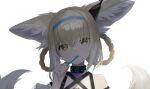  1girl 3syo animal_ear_fluff animal_ears arknights bangs bare_shoulders blonde_hair blue_hairband braid brown_eyes commentary_request eyebrows_behind_hair fox_ears fox_girl fox_tail hair_between_eyes hair_rings hairband head_tilt highres holding looking_at_viewer multicolored_hair multiple_tails shirt simple_background solo suzuran_(arknights) tail tail_raised toothbrush twin_braids two-tone_hair two_tails upper_body white_background white_hair white_shirt 