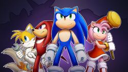  absurdres amy_rose animal_nose black_nose blue_eyes blue_fur commentary echidna_boy english_commentary fox_boy furry furry_male gloves green_eyes hammer hedgehog_boy hedgehog_girl highres knuckles_the_echidna multiple_tails nowykowski pink_fur red_fur sonic_(series) sonic_the_hedgehog spiked_gloves tail tails_(sonic) team_sonic_(sonic) two_tails violet_eyes white_gloves wrench yellow_fur 