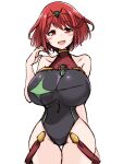  1girl bangs bare_shoulders black_swimsuit blush breasts competition_swimsuit covered_navel cowboy_shot earrings eyebrows_visible_through_hair gem gloves headpiece highres jewelry kurokaze_no_sora large_breasts looking_at_viewer one-piece_swimsuit pyra_(pro_swimmer)_(xenoblade) pyra_(xenoblade) red_eyes redhead short_hair simple_background smile solo swept_bangs swimsuit tiara white_background xenoblade_chronicles_(series) xenoblade_chronicles_2 
