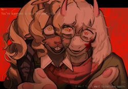  1boy 1girl antlers axesoulee blonde_hair collared_shirt commentary curly_hair deer_antlers deltarune english_commentary english_text fangs furry furry_female furry_male glasses goat_boy highres horns noelle_holiday open_mouth pink_eyes pink_horns pink_scarf ralsei red_background red_pupils scarf shirt smile utdr_(toby_fox) weird_route_(deltarune) yellow_eyes 