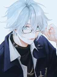  1boy absurdres adjusting_eyewear antenna_hair artist_name black-framed_eyewear black_sweater blue_eyes blue_jacket breast_pocket closed_mouth collared_shirt commentary crossed_bangs fingernails glasses gold_necklace grey_hair hair_between_eyes hand_up highres honkai:_star_rail honkai_(series) ieririr jacket jewelry lapels lips long_sleeves looking_at_viewer male_focus necklace official_alternate_costume open_clothes open_jacket open_shirt phainon_(express_travel)_(honkai:_star_rail) phainon_(honkai:_star_rail) pocket semi-rimless_eyewear shirt short_hair signature simple_background smile solo sweater turtleneck turtleneck_sweater untranslatable_commentary upper_body white_background white_shirt 