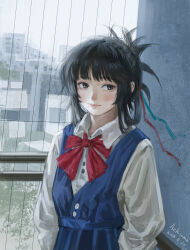  1girl absurdres artist_name black_hair blue_dress blunt_bangs blush bow bowtie brown_eyes building buttons cityscape collared_shirt commentary dated dress highres indoors jili51232 light_smile long_sleeves messy_hair mole multiple_hair_ribbons original painterly red_bow red_ribbon ribbon scenery school_uniform shirt short_hair signature skirt solo standing suspender_skirt suspenders upper_body white_shirt window 
