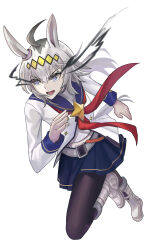  1girl absurdres ahoge animal_ears black_pantyhose blue_eyes blue_sailor_collar blue_skirt boots brooch commentary_request ear_ornament grey_hair grey_tail hair_between_eyes hairband hakura_akiko highres horse_ears horse_girl horse_tail jacket jewelry long_hair long_sleeves multicolored_hair neckerchief oguri_cap_(starlight_beat)_(umamusume) oguri_cap_(umamusume) open_mouth pantyhose pleated_skirt red_neckerchief running sailor_collar shirt simple_background skirt smile star_brooch tail teeth umamusume white_boots white_jacket white_shirt 
