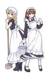  2girls :o absurdres alternate_costume apron asymmetrical_sidelocks black_boots black_dress black_shoes blonde_hair boots bow broom brown_eyes brown_hair bucket collared_dress commentary_request contrast_collar dress frilled_dress frills full_body grin hair_bow handkerchief hat high_heel_boots high_heels highres holding holding_bucket holding_handkerchief interlocked_fingers leggings long_hair long_sleeves maid maid_headdress maribel_hearn mary_janes mob_cap multiple_girls nnn_lu own_hands_together shoes short_sleeves sidelocks smile touhou usami_renko violet_eyes white_apron white_background white_bow white_hat white_leggings 