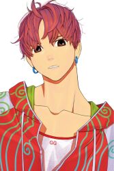  1boy brown_eyes collarbone dandadan earrings enjoji_jin green_hoodie highres hood hoodie jewelry looking_at_viewer male_focus official_art parted_lips patterned_clothing red_hair red_hoodie shirt short_hair simple_background solo t-shirt tatsu_yukinobu teeth two-tone_hoodie white_background 