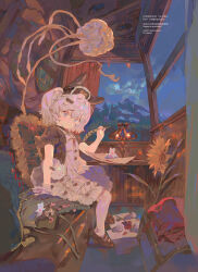  1girl animal_ears ceiling commission couch creature desk_lamp dress fisheye flat_chest flower frilled_dress frills highres indoors jellyfish lamp lolita_fashion looking_at_viewer mary_janes mgong520 mihuashi_commission original petite ponytail quill rabbit_ears rabbit_girl red_flower red_rose rose scenery sea_angel sea_slug shoes sitting sky smile sunflower watermark window 