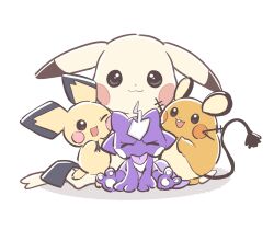  :3 :d alternate_color animal_focus black_eyes commentary_request dedenne droopy_ears full_body highres kino_haruc looking_at_another looking_at_viewer no_humans one_eye_closed open_mouth orange_fur peakychu pichu pikachu pokemon pokemon_(creature) pokemon_focus pokemon_pokopia simple_background smile standing toxel white_background yellow_fur 