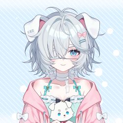  ahoge animal_ears aqua_bow aqua_eyes aqua_shirt artist_request blue_background bow buttons character_request collarbone dog_ears eyepatch grey_hair hair_bow hair_ornament hairclip highres holding holding_toy indie_virtual_youtuber jacket light_smile medical_eyepatch off_shoulder pink_bow pink_jacket shirt short_hair star_(symbol) toy upper_body virtual_youtuber white_bow 