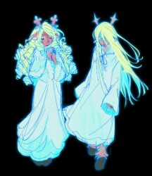  1girl absurdres animal_ears antlers black_background blonde_hair brown_eyes commentary curly_hair deer_antlers deer_ears deer_girl deltarune dinodiiya english_commentary furry furry_female highres hooves horns jewelry long_hair noelle_holiday noelle_holiday_(dark_world) own_hands_together ring robe straight_hair thorn_ring_(deltarune) utdr_(toby_fox) very_long_hair weird_route_(deltarune) white_robe 