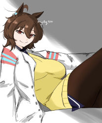  1girl agnes_tachyon_(umamusume) animal_ears artist_name black_shirt breasts chemical_structure closed_mouth coat collared_shirt commentary_request ear_ornament earrings hair_between_eyes haouteak hem_peeking_out highres horse_ears horse_girl jewelry lab_coat large_breasts long_sleeves nail_polish red_eyes shirt short_hair single_earring solo split_mouth sweater thai_commentary umamusume white_coat yellow_sweater 