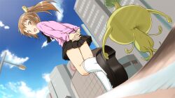 1girl :d arms_behind_back black_bow black_bowtie black_shoes black_skirt blue_sky blush bow bowtie brown_eyes brown_hair casual clouds commentary_request day dutch_angle foreshortening from_behind from_below full_body haiyore!_nyaruko-san interlocked_fingers kneehighs kurei_tamao long_hair looking_at_another looking_back miniskirt monster open_mouth outdoors own_hands_together pink_shirt pleated_skirt ponytail shirt shoe_soles shoes skirt sky sleeves_past_wrists smile socks solo standing tiptoes upskirt white_socks yuto_(dialique) 