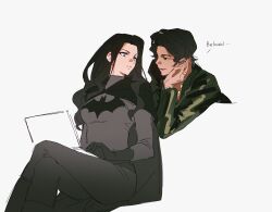  111wyl 1boy 1girl absurdres batman batman_(series) batman_symbol black_cape black_gloves black_hair blue_eyes bodysuit bracelet bruce_wayne cape computer dc_comics earrings genderswap genderswap_(ftm) genderswap_(mtf) gloves green_eyes grey_bodysuit highres jacket jewelry laptop long_hair ring short_hair smile suit_jacket superhero_costume talia_al_ghul 