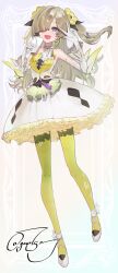  1girl :d blonde_hair bow bubble_skirt collar detached_sleeves diamond_(shape) dress elbow_gloves floral_print flower frilled_dress frilled_sleeves frills gaur_(gaur753) gloves gradient_pantyhose green_pantyhose grey_eyes grey_hair hair_flower hair_ornament halter_dress halterneck high_heels highres isekaijoucho kamitsubaki_studio layered_dress letter long_hair long_sleeves multicolored_hair official_alternate_costume pantyhose petticoat side_part sidelocks skirt sleeveless sleeveless_dress smile tassel two_side_up underbust v white_bow white_collar white_dress yellow_flower yellow_pantyhose 