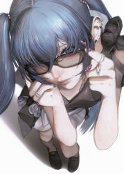  1girl absurdres aqua_eyes aqua_hair black_shoes blue_eyes commentary ear_piercing english_commentary fashion frills glasses hair_between_eyes hatsune_miku highres jewelry lips long_hair looking_at_viewer mikasamu multiple_rings nail_polish necklace piercing ring shadow shirt shoes shorts smile socks solo standing twintails very_long_hair vocaloid white_background white_shorts 