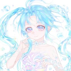  1girl ahoge asymmetrical_sidelocks bare_shoulders bead_bracelet bead_choker beads blue_hair blue_nails blue_pupils bracelet bridal_gauntlets bright_pupils chinese_commentary closed_mouth collarbone commentary_request dot_nose dress eyelashes eyeshadow feather-trimmed_dress finger_to_cheek flower hair_between_eyes happy highres huge_ahoge infinity_nikki jewelry lipstick liquid_clothes liquid_hair long_hair long_sidelocks makeup nail_polish neck_flower neck_ribbon nikki_(series) pink_eyeshadow pink_lips purple_dress ribbon ring rippling_reverie_(infinity_nikki) sanwenyuyuzi sidelocks simple_background smile solo sparkle star-shaped_pupils star_(symbol) strapless strapless_dress symbol-shaped_pupils twintails upper_body very_long_hair violet_eyes water_drop wavy_hair white_background white_bridal_gauntlets white_flower white_ribbon 
