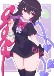  1girl arm_behind_back asymmetrical_wings black_dress black_hair blue_wings blush bow bowtie breasts center_frills commentary_request dress frills hair_between_eyes hand_up highres hip_focus houjuu_nue light_smile long_hair looking_at_viewer microdress red_bow red_bowtie red_eyes red_wings small_breasts snake snake_wrapped_around_arm solo thigh-highs thighs tomoe_(fdhs5855) touhou ufo wings 