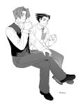  2boys ace_attorney artist_name ascot blush chinese_commentary closed_eyes closed_mouth collared_shirt commentary_request crossed_legs cup dated forehead godzillapigeon1 greyscale hair_intakes halftone hand_on_own_knee hand_up highres holding holding_cup invisible_chair light_blush long_sleeves looking_at_another looking_to_the_side male_focus miles_edgeworth monochrome multiple_boys necktie pants phoenix_wright shirt shoes short_hair signature simple_background sitting sleeves_rolled_up spiky_hair teacup tie_clip v-shaped_eyebrows vest white_background 