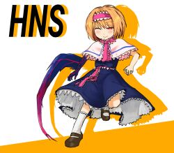  1girl absurdres alice_margatroid blue_dress blush bois_de_justice brown_shoes capelet character_name chibutsu closed_mouth colored_shadow commentary_request cookie_(touhou) dies_irae dress frilled_dress frilled_hairband frilled_necktie frilled_sash frills full_body hairband highres hinase_(cookie) looking_at_viewer necktie one_eye_closed orange_hair pink_hairband pink_necktie pink_sash red_eyes sash shadow shinza_bansho_series shoes short_hair smile socks solo standing standing_on_one_leg touhou white_background white_capelet white_socks 
