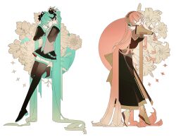  2girls absurdly_long_hair aqua_hair aqua_necktie aqua_trim black_boots black_shirt black_skirt black_sleeves boots brown_sleeves closed_eyes detached_sleeves flower full_body gold_trim grey_shirt hair_ornament hatsune_miku headset highres lace-up_boots long_hair megurine_luka miniskirt multiple_girls necktie open_mouth pink_hair pleated_skirt shirt side_slit skirt smile thigh_boots twintails very_long_hair vocaloid white_background yellow_boots zero_(jckz2334) 