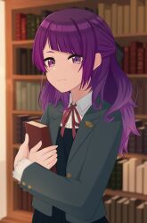  1girl absurdres black_bow black_skirt book bookshelf bow commentary_request fingernails green_jacket highres idolmaster idolmaster_shiny_colors jacket purple_hair school_uniform sei_natori skirt solo tanaka_mamimi violet_eyes 
