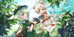  2girls ability_card_(touhou) animal_ears artist_request barefoot bell blurry blush calico_(pattern) camouflage camouflage_shirt camouflage_skirt card cat_ears cat_girl cat_tail collared_shirt depth_of_field frilled_shirt_collar frills game_asset goutokuji_mike green_eyes green_hair green_hat green_shirt green_skirt hat highres holding holding_card jewelry key key_necklace medium_hair midriff multicolored_hair multicolored_shirt multicolored_skirt multicolored_tail multiple_girls navel neck_bell necklace official_art one_eye_closed open_mouth outdoors patchwork_clothes shirt short_hair short_sleeves sitting skirt sleeves_rolled_up smile streaked_hair tail third-party_source toes touhou touhou_lostword white_hair yamashiro_takane 