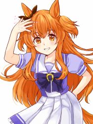  1girl animal_ears arm_up blush bow bowtie breasts brown_ribbon commentary_request ear_bow ear_ribbon hair_between_eyes highres horse_ears horse_girl horse_tail im74516829 long_hair looking_at_viewer mayano_top_gun_(umamusume) open_mouth orange_eyes orange_hair orange_tail pleated_skirt puffy_short_sleeves puffy_sleeves purple_bow purple_bowtie purple_shirt ribbon sailor_collar sailor_shirt school_uniform shirt short_sleeves simple_background skirt small_breasts smile solo tail tracen_school_uniform two_side_up umamusume white_background white_sailor_collar white_skirt 