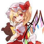  1girl :d absurdres blonde_hair blush crystal fang flandre_scarlet hand_up hat highres holding holding_stuffed_toy kani_nyan looking_at_viewer looking_back mob_cap one_side_up red_eyes short_hair skin_fang smile solo stuffed_animal stuffed_toy teddy_bear touhou upper_body wings 
