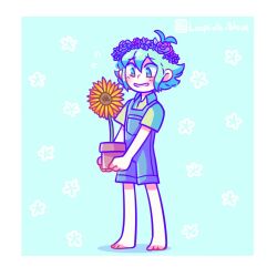  1boy antenna_hair basil_(headspace)_(omori) basil_(omori) blue_overalls blush collared_shirt commentary double-parted_bangs english_commentary flower flower_pot flower_wreath full_body green_eyes green_hair green_shirt hair_between_eyes head_wreath holding holding_flower_pot invisible_floor male_focus omori osulan overall_shorts overalls plant potted_plant shirt short_hair short_sleeves sidelocks smile solo sunflower 