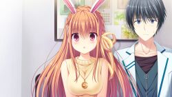  1boy 1girl :o animal_ears black_hair blue_eyes braid breasts brown_shirt closed_mouth collarbone couch da_capo da_capo_iv game_asset green_vest hair_ornament hair_ribbon highres indoors jacket jewelry long_hair looking_at_viewer non-web_source on_couch orange_hair oumi_sorane pendant picture_frame pink_eyes rabbit_ears ribbon self-datamine shirt short_hair side-by-side sitting sleeveless sleeveless_sweater straight-on sweatdrop sweater tanihara_natsuki tokisaka_ichito vest white_jacket x_hair_ornament yellow_ribbon yellow_sweater 