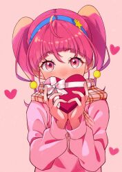  1girl arched_bangs blue_hairband blush box commentary_request covered_mouth covering_own_mouth gift gift_box hair_ornament hairband heart-shaped_box highres holding holding_gift hoshina_hikaru jacket looking_at_viewer medium_hair pink_eyes pink_hair pink_jacket plaid_clothes plaid_scarf precure saviour0329 scarf solo star_(symbol) star_hair_ornament star_twinkle_precure twintails upper_body valentine yellow_scarf 