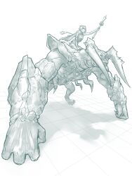  1girl 1other absurdres animal_ears arm_up braid braided_twintails ethereal_(zenless_zone_zero) goat_ears goat_girl goat_horns goat_tail greyscale hair_between_eyes highres holding horns hoseki1510 long_hair lucia_elowen monochrome monster open_mouth pointy_ears single_sleeve sitting tail white_background zenless_zone_zero 