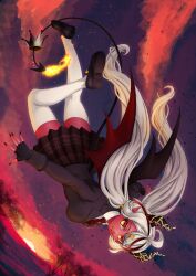  1girl absurdres ahoge black_gloves black_jacket black_nails black_shoes black_skirt colored_skin crown demon_girl demon_horns demon_tail demon_wings fingerless_gloves fire flame-tipped_tail gloves highres horns imakuni_(vtuber) indie_virtual_youtuber jacket long_hair looking_at_viewer mini_crown multicolored_hair open_mouth orange_eyes pointy_ears red_hair red_skin shoes skirt smile solo streaked_hair tail thigh-highs thighs twintails uzikowa virtual_youtuber white_hair white_thighhighs wings 