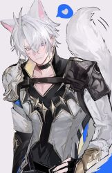  1boy animal_ear_fluff animal_ears antenna_hair armor belt black_belt black_choker black_gloves black_shirt blue_cape blue_eyes cape chest_belt choker closed_mouth coat collarbone collared_shirt commentary cowboy_shot crossed_bangs fingerless_gloves fingernails fox_boy fox_ears fox_tail gloves hair_between_eyes hand_on_own_hip heart high_heels highres hmayme4238 honkai:_star_rail honkai_(series) kemonomimi_mode long_sleeves looking_at_viewer male_focus neck_tattoo phainon_(honkai:_star_rail) shirt short_hair shoulder_armor simple_background smile solo speech_bubble spoken_heart standing sun_symbol sun_tattoo tail tattoo untranslatable_commentary white_background white_coat white_hair yellow_pupils 