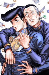  2boys arm_around_shoulder blue_eyes clenched_hand closed_mouth diamond_wa_kudakenai dice eyelashes fingernails gakuran grid_teeth hands_on_own_hips higashikata_josuke jojo_no_kimyou_na_bouken long_sleeves looking_at_viewer male_focus monkey multiple_boys nijimura_okuyasu pompadour rem_(tsulala) scar scar_on_face school_uniform undercut veins veiny_hands white_background 