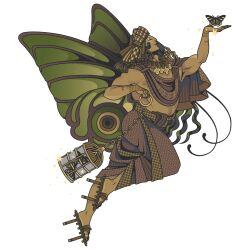  1boy butterfly_wings dark-skinned_male dark_skin eyelashes eyeshadow girly_boy greek_painting_style highres iliothermia insect_wings laurel_tattoo lips lipstick long_hair makeup male_focus mastectomy_scar original scar scar_on_chest solo tattoo wings 
