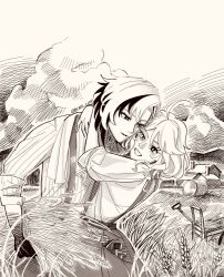  2girls ahoge arlecchino_(genshin_impact) arms_around_neck black_lute blush clouds colored_extremities commentary english_commentary farm farmer furina_(genshin_impact) grin heterochromia highres holding_wheat long_hair medium_hair multiple_girls outdoors overalls short_hair shovel smile symbol-shaped_pupils wheat x-shaped_pupils yuri 