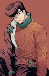  1boy alternate_costume belt black_hair brown_background closed_mouth commentary_request diamond_wa_kudakenai earrings eyelashes gakuran haruko_(chikadoh) higashikata_josuke jewelry jojo_no_kimyou_na_bouken looking_at_viewer male_focus multiple_belts pants peace_symbol pompadour school_uniform sideburns sitting solo sweater 