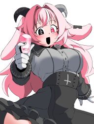  1girl :d absurdres animal_ears black_eyes black_shirt black_skirt blush breasts commentary_request cowboy_shot cross cross-shaped_pupils cross_print cup curvy demon_girl demon_horns drink drinking_glass femme_soule gloves goat_ears goat_girl grey_shirt hair_intakes heterochromia high-waist_skirt highres holding holding_cup holding_drink horns indoors large_breasts long_hair long_sleeves looking_at_viewer messy_hair miniskirt mismatched_pupils multicolored_hair oosono_chaka open_mouth pink_eyes pink_hair pukey_goddess_shot_trick shirt shirt_tucked_in shot_glass simple_background skirt smile solo streaked_hair symbol-shaped_pupils thick_thighs thighs two-tone_hair two-tone_shirt white_background white_gloves white_hair wide_hips 