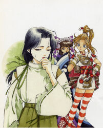 1990s_(style) 3girls arm_warmers averting_eyes back_bow black_eyes black_hair black_kimono blonde_hair blue_eyes bow bracelet brown_bow brown_eyeliner checkered_bow checkered_clothes closed_mouth commentary_request curtained_hair dragon_print eyeliner flame_print green_hakama green_ribbon hair_bow hair_ornament hair_ribbon hair_stick hakama half-closed_eyes hand_on_own_chin hand_up high_ponytail highres jaja-hime jaja-hime_buyuuden japanese_clothes jewelry kariginu kimono kinutani_yuu large_bow lipstick long_hair long_sleeves looking_at_another low_ponytail makeup multicolored_kimono multiple_bracelets multiple_girls no_eyewear obi official_art painting_(medium) ponytail print_kimono purple_bow red_lips red_sash red_thighhighs retro_artstyle ribbon sash short_kimono short_sleeves sleeves_past_wrists smile standing striped_clothes striped_thighhighs sweatdrop thigh-highs traditional_media ugetsu-hime umekawa_(jaja-hime_buyuuden) watercolor_(medium) white_background white_kimono wide_sleeves yellow_arm_warmers 
