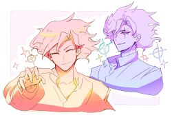  1boy aafff567346 closed_eyes collared_shirt colored_sclera deltarune floating_hair flowery_(deltarune) green_eyes highres long_sleeves male_focus multiple_views omega_flowery pink_hair pink_sclera purple_hair shirt smile sparkle utdr_(toby_fox) 