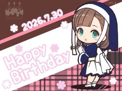  1girl :d absurdres aqua_eyes artist_name assault_lily asymmetrical_bangs back_bow birthday_cake blue_dress blue_veil blunt_bangs blush_stickers bow brown_background brown_hair cake chibi chibi_only commentary_request dress flower_symbol food full_body gloves happy_birthday headband highres hotaru_(ultraroly_poly) juliet_sleeves kaidou_beatrice_chiharu long_sleeves looking_at_viewer looking_to_the_side medium_hair nun nun_headdress open_mouth own_hands_clasped own_hands_together plaid_background puffy_sleeves shoes smile socks solo spotlight standing veil white_bow white_gloves white_headband white_shoes white_socks wide_sleeves 