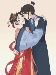  2girls absurdres black_eyes black_hair blue_hanfu charathegay chinese_clothes chinese_hairpin commentary earrings english_commentary hair_ornament hair_stick hand_on_another's_face hand_on_another's_shoulder hanfu highres huadian jewelry jing_wei_qing_shang multiple_girls nangong_jingnu qiyan_agula red_hanfu smile topknot xiao_guan_(headdress) yellow_eyes yuri 