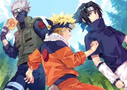  3boys arm_warmers black_eyes black_gloves black_hair black_headband blonde_hair blue_eyes blue_headband book carnelian clenched_hand clenched_teeth commentary_request facial_mark fingerless_gloves flak_jacket forehead_protector frown gloves green_vest grey_hair hatake_kakashi headband headband_over_one_eye holding holding_book icha_icha_(naruto) jacket konohagakure_shinobi_uniform konohagakure_symbol lossy-lossless male_focus mask mouth_mask multiple_boys naruto_(classic) naruto_(series) one_eye_covered orange_jacket orange_pants pants pouch signature stitched teeth tree uchiha_sasuke vest whisker_markings white_arm_warmers 