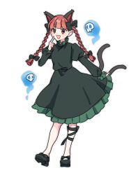  1girl animal_ears black_bow black_ribbon black_shoes blunt_bangs blush bow braid cat_ears cat_girl cat_tail extra_ears fang hair_bow highres hitodama index_finger_raised juliet_sleeves kaenbyou_rin leg_ribbon long_hair long_sleeves looking_at_viewer multiple_tails nnn_lu open_mouth puffy_sleeves red_eyes red_hair ribbon shoes side_braids simple_background skin_fang solo tail touhou twin_braids two_tails white_background 